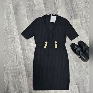 Chic Black Midi Dress with Gold Button Detail
